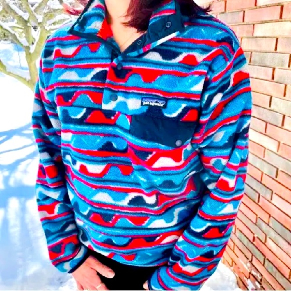 Patagonia Men's Multi-Color Patterned Fleece Pullover (Blue, Red, Black, White)